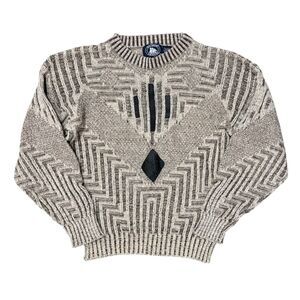 Vintage 90s Atlantic Traders Textured Knit Sweater Leather Trim S/M Geometric